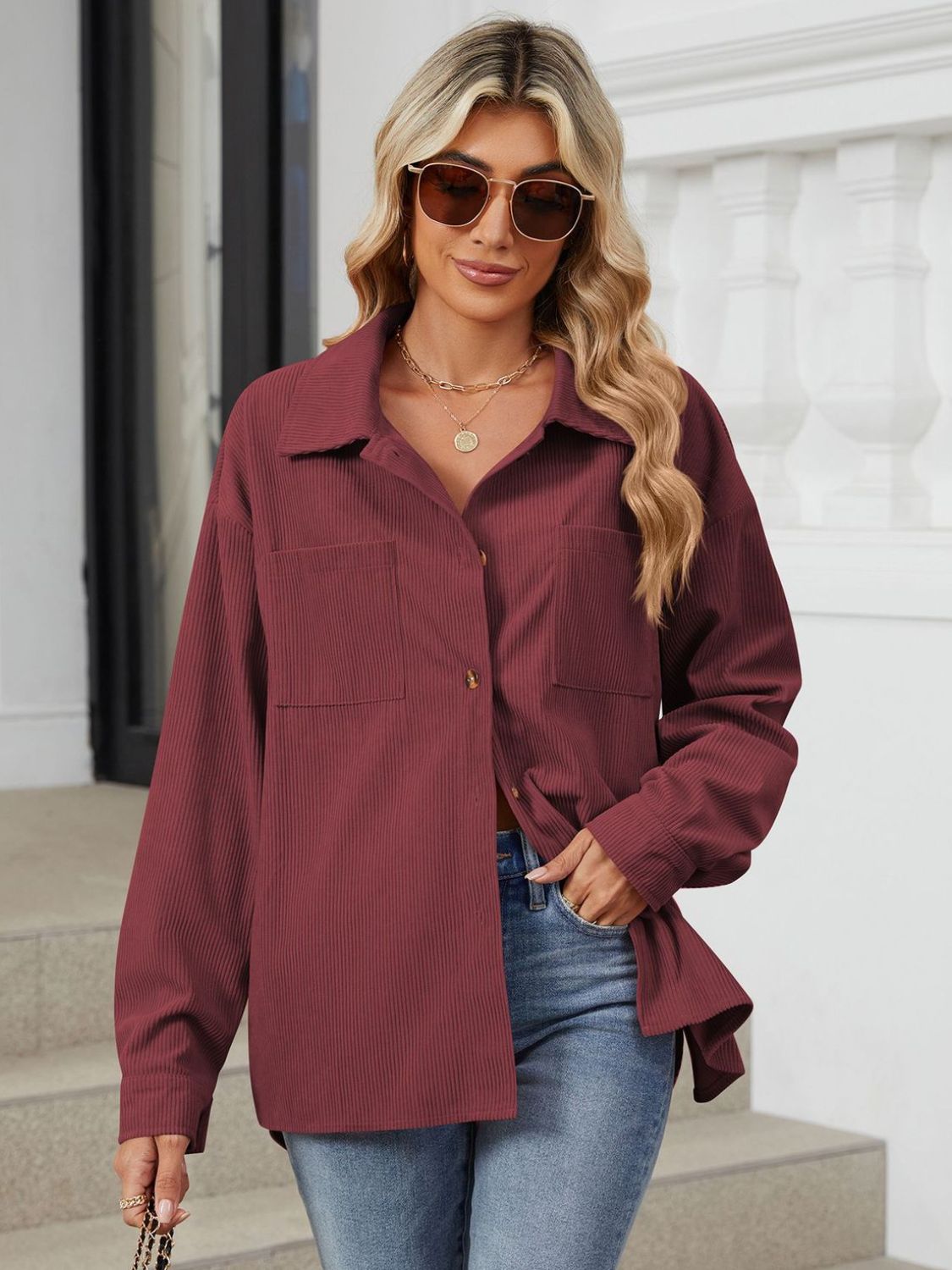 Button Up Dropped Shoulder Long Sleeve Outerwear