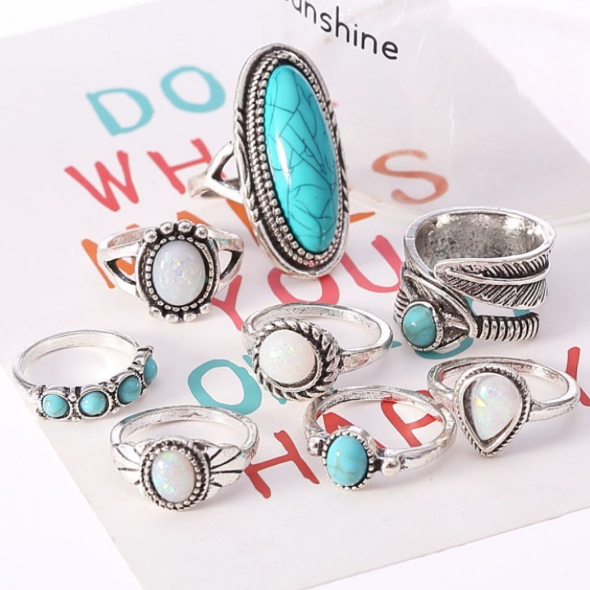 Alloy Turquoise 8-Piece Ring Set