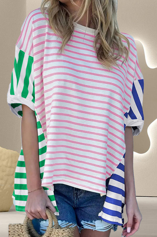 Striped Round Neck Dropped Shoulder T-Shirt