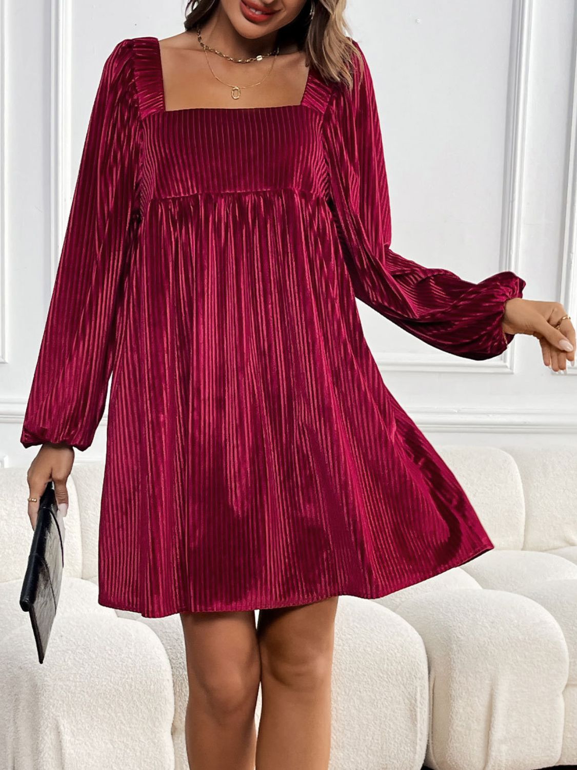 Perfee Tied Pocketed Square Neck Long Sleeve Dress