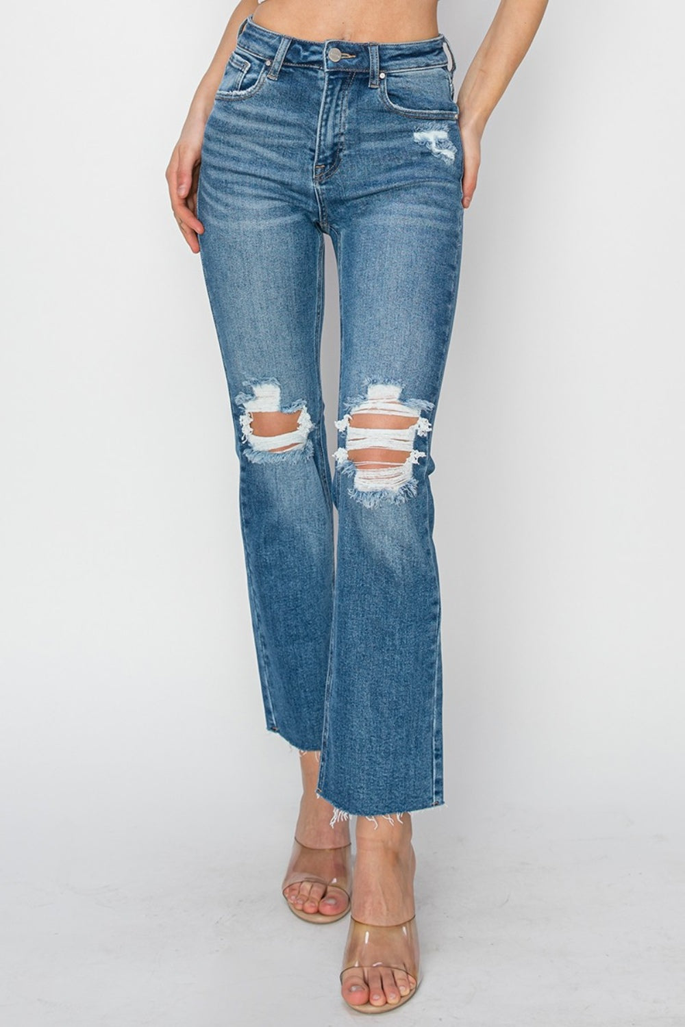 RISEN High Rise Distressed Ankle Jeans