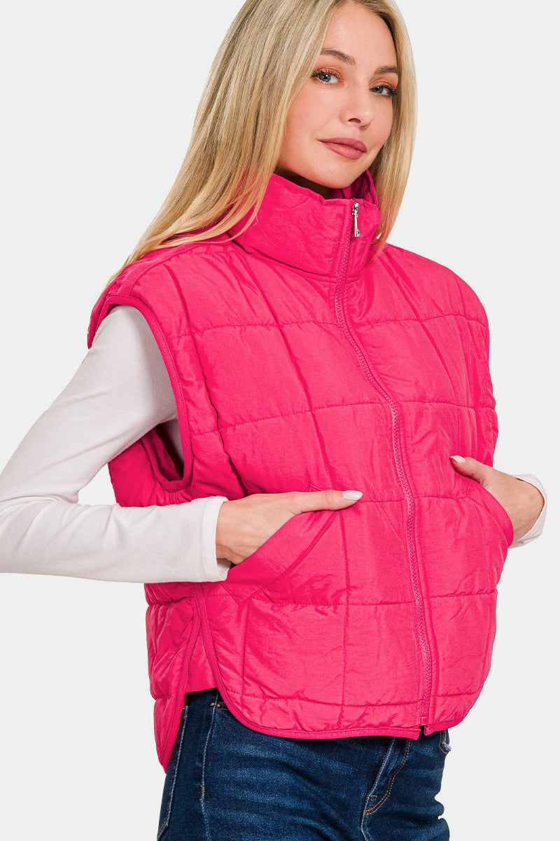 Zenana Zip Up Cropped Puffer Vest with Pockets