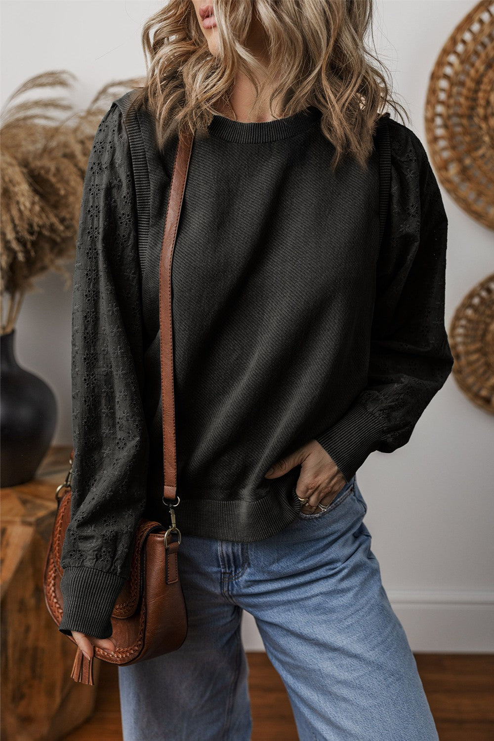 Eyelet Round Neck Long Sleeve Sweatshirt