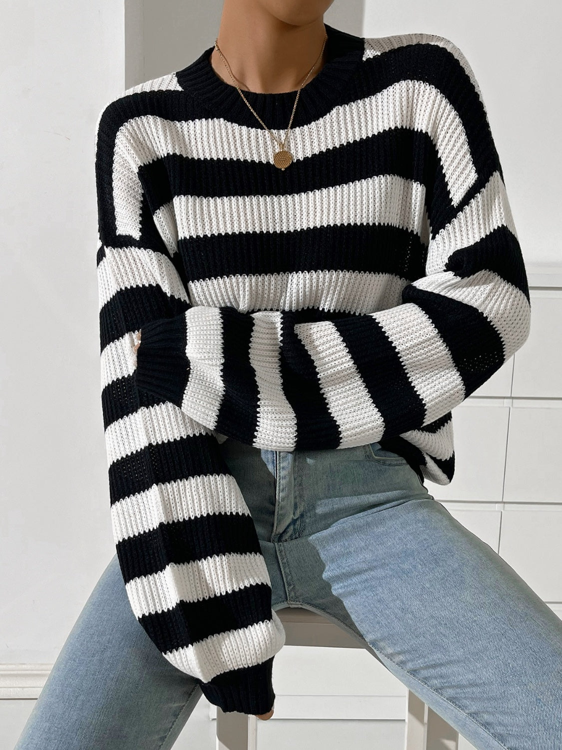 Honey Striped Round Neck Long Sleeve Sweater