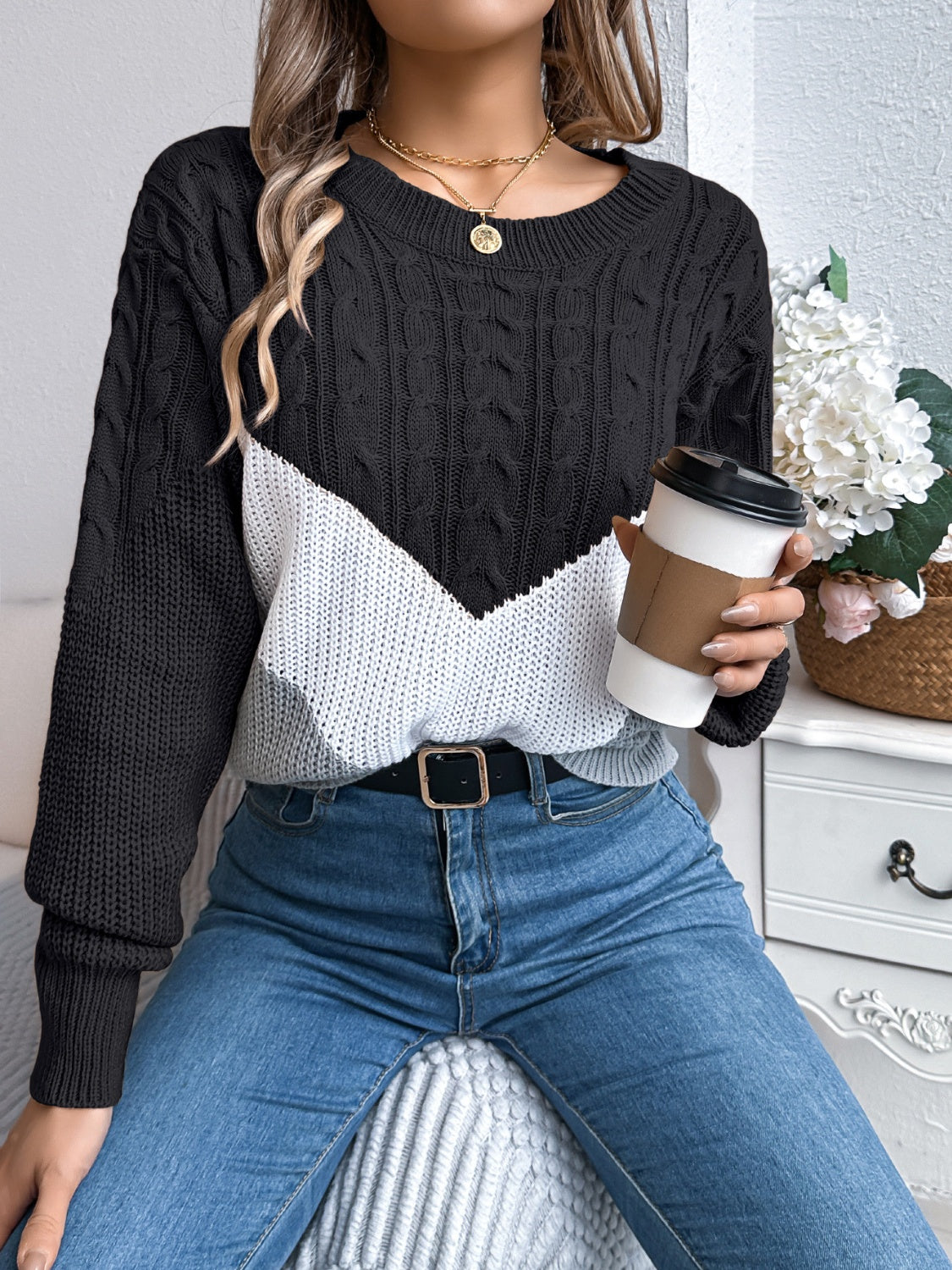 Cable-Knit Color Block Round Neck Sweater