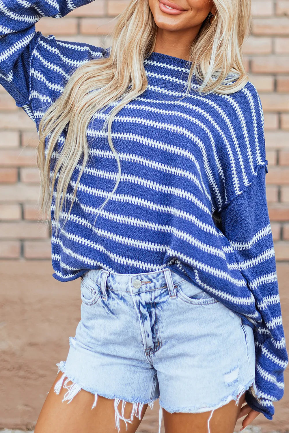 Striped Round Neck Dropped Shoulder Sweater