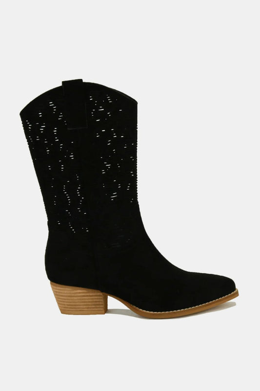 Beast Fashion Faux Suede Laser Cut Detail Block Heel Boots