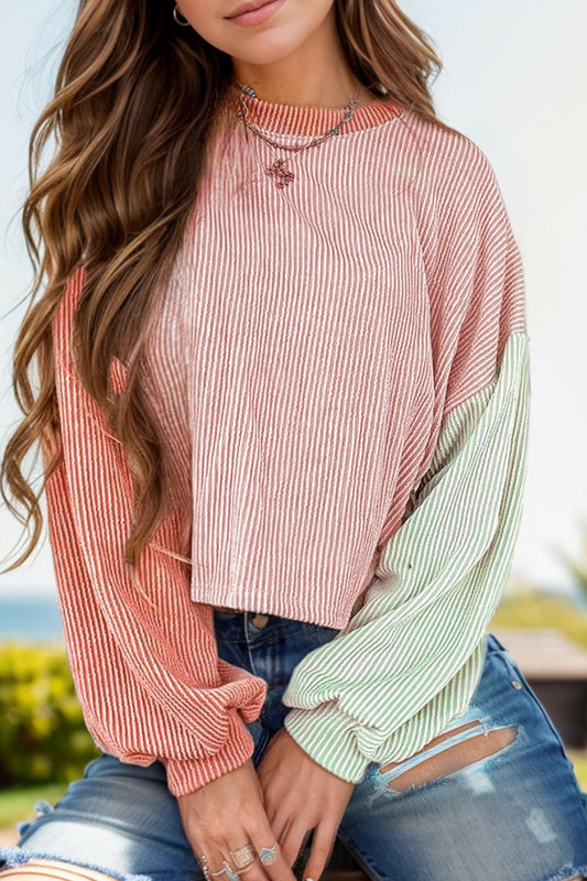 Color Block Round Neck Long Sleeve Top