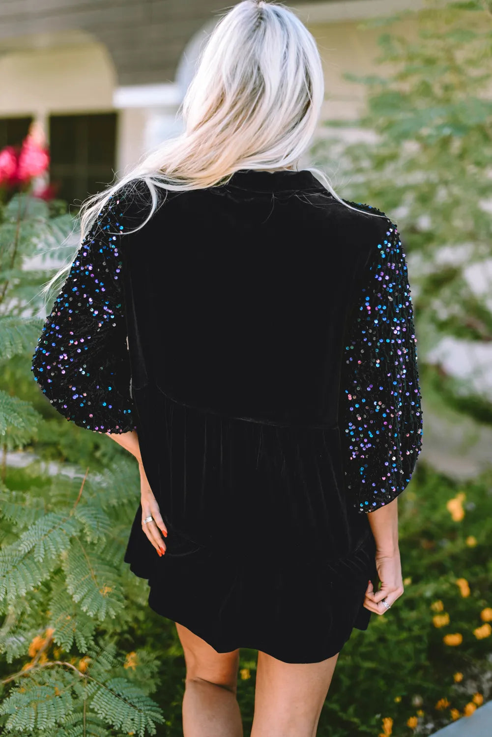 Sequin Collared Neck Three-Quarter Sleeve Oversize Shirt