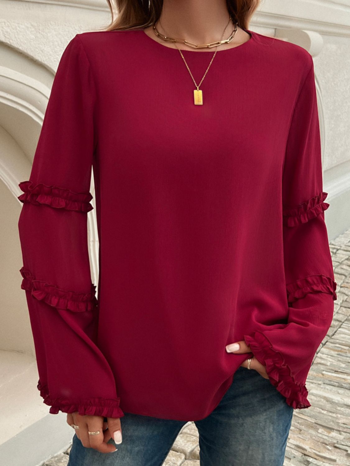 Devine Frill Round Neck Long Sleeve Top