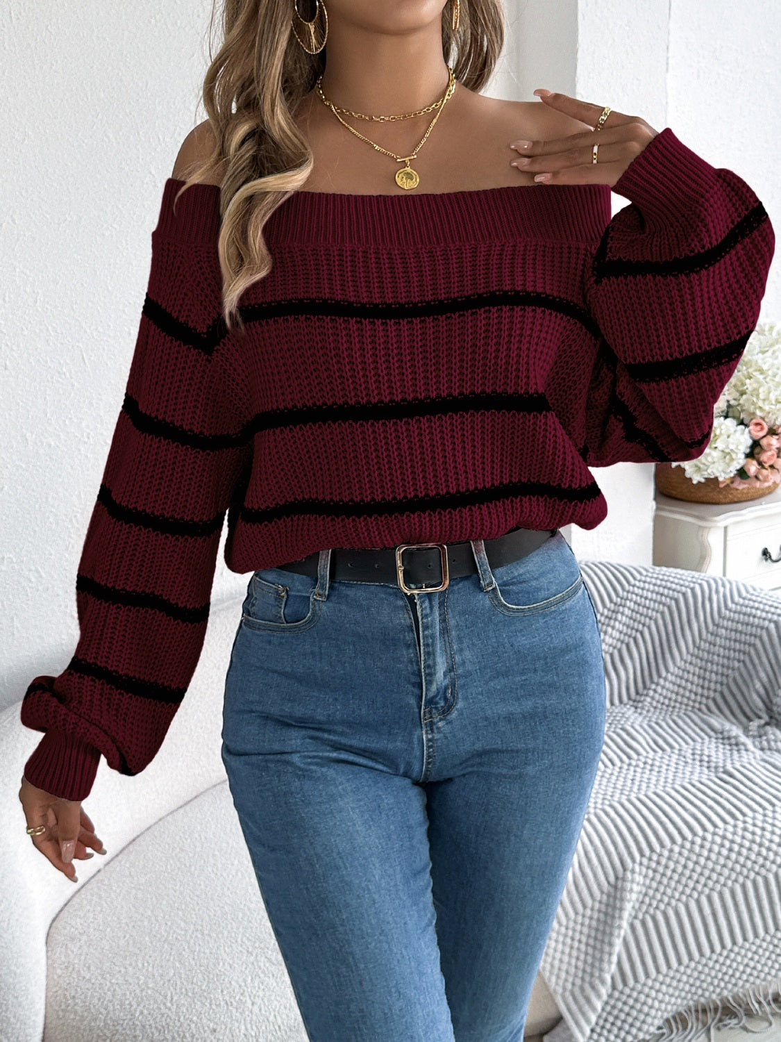 Striped Off-Shoulder Long Sleeve Sweater