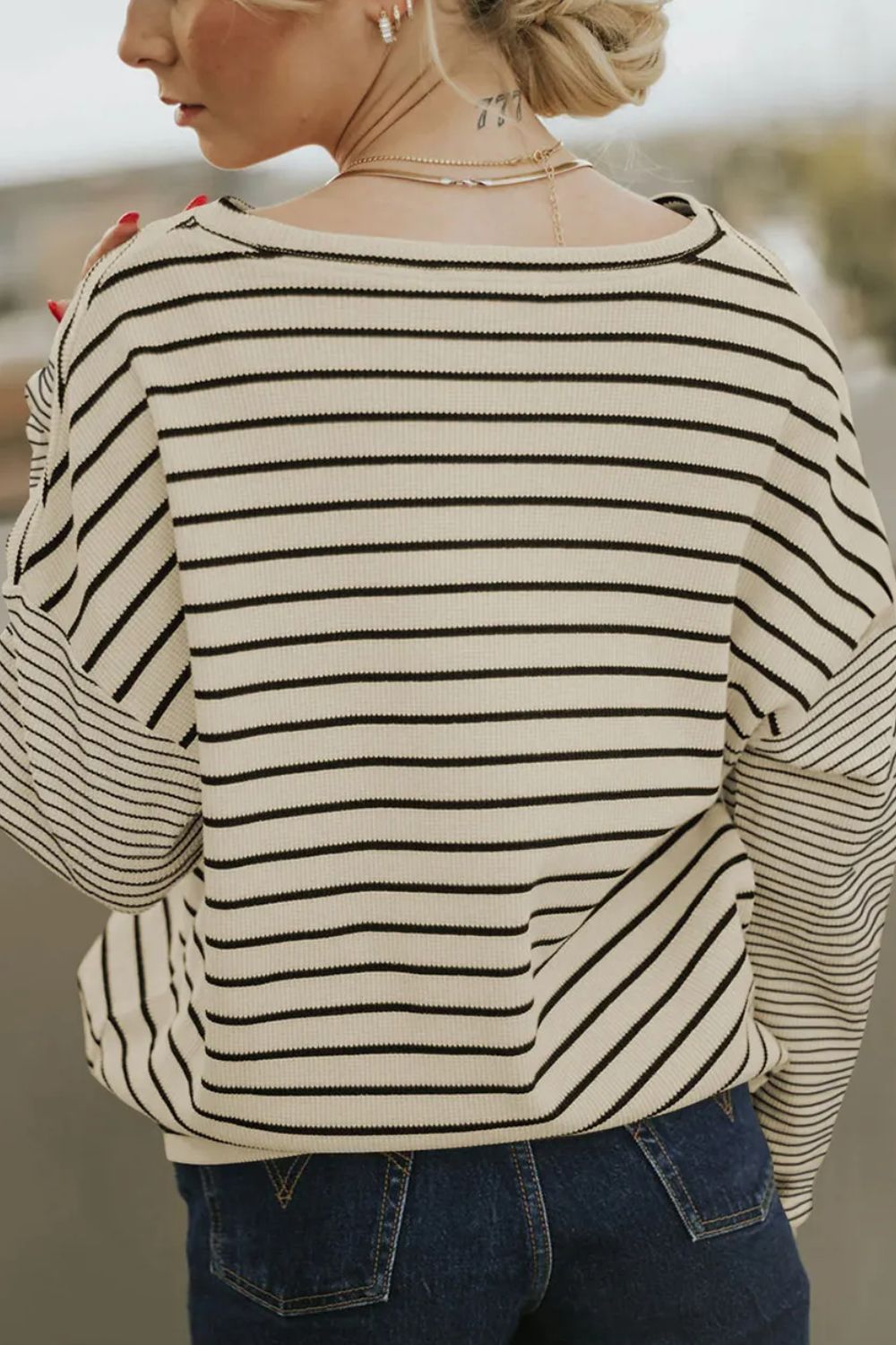 Striped Round Neck Dropped Shoulder Top