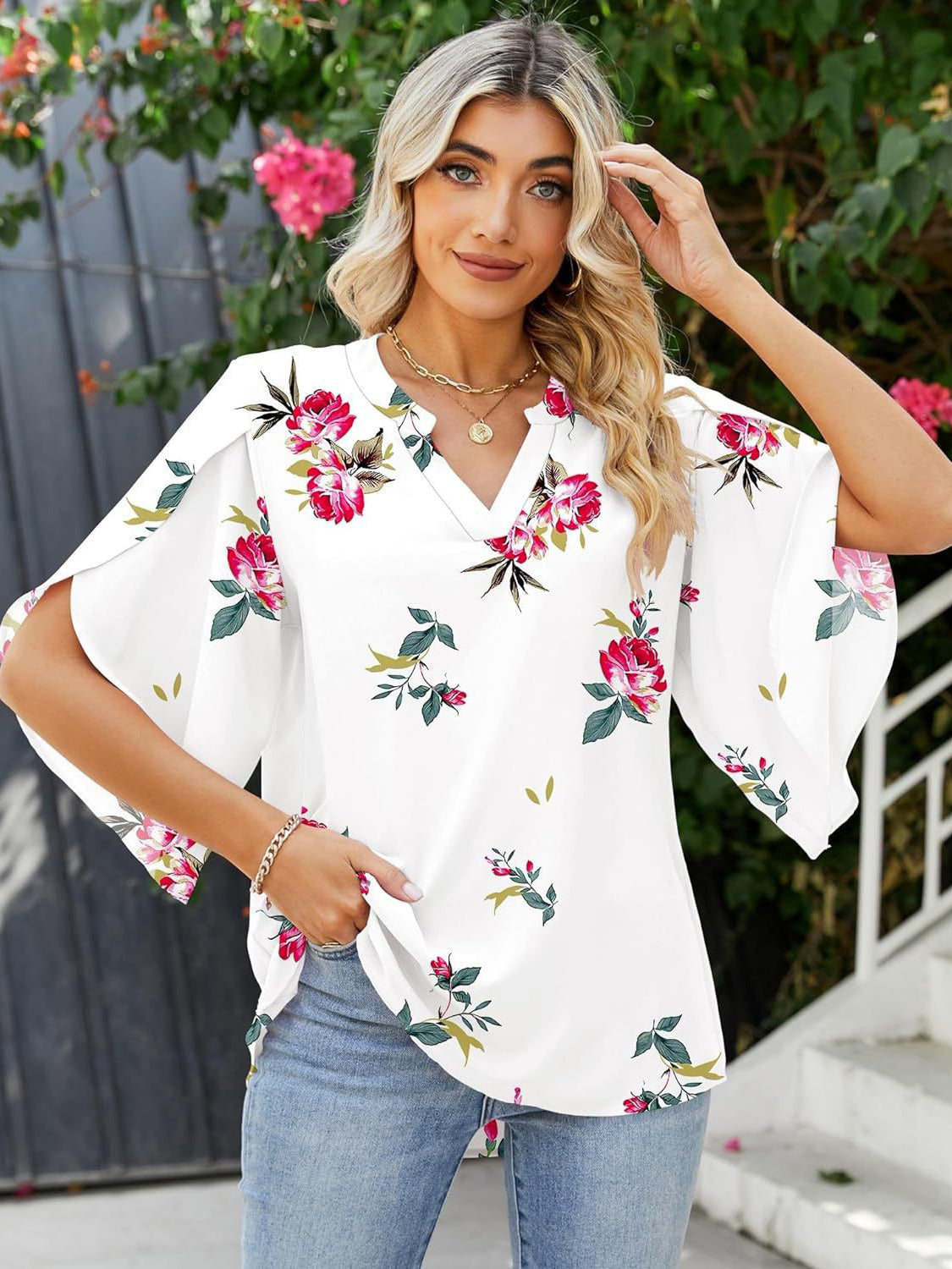 Printed Notched Half Sleeve Blouse