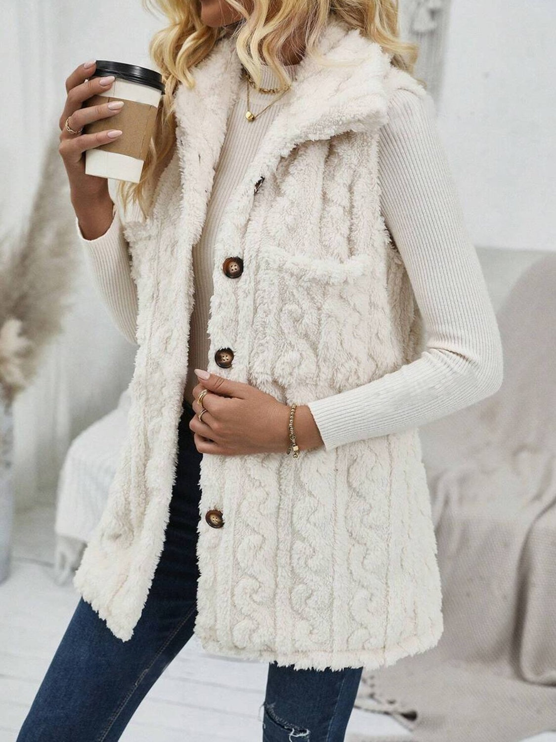 Fuzzy Button Up Vest Coat