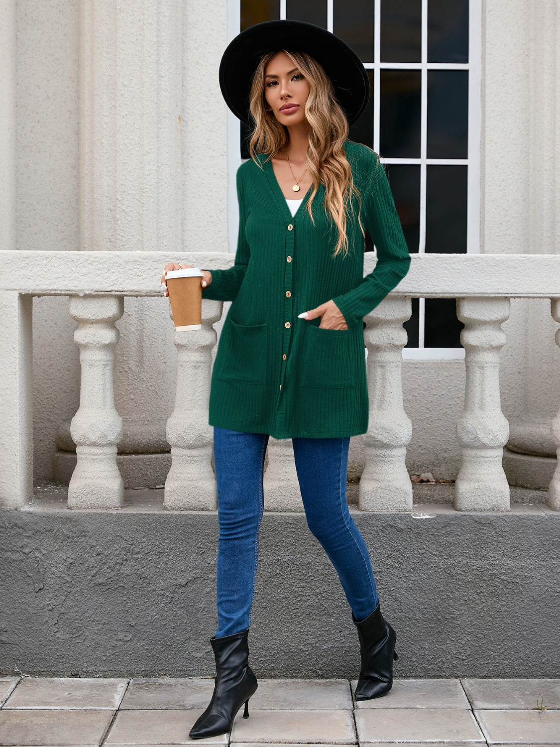 Ribbed Button Down V-Neck Long Sleeve Cardigan