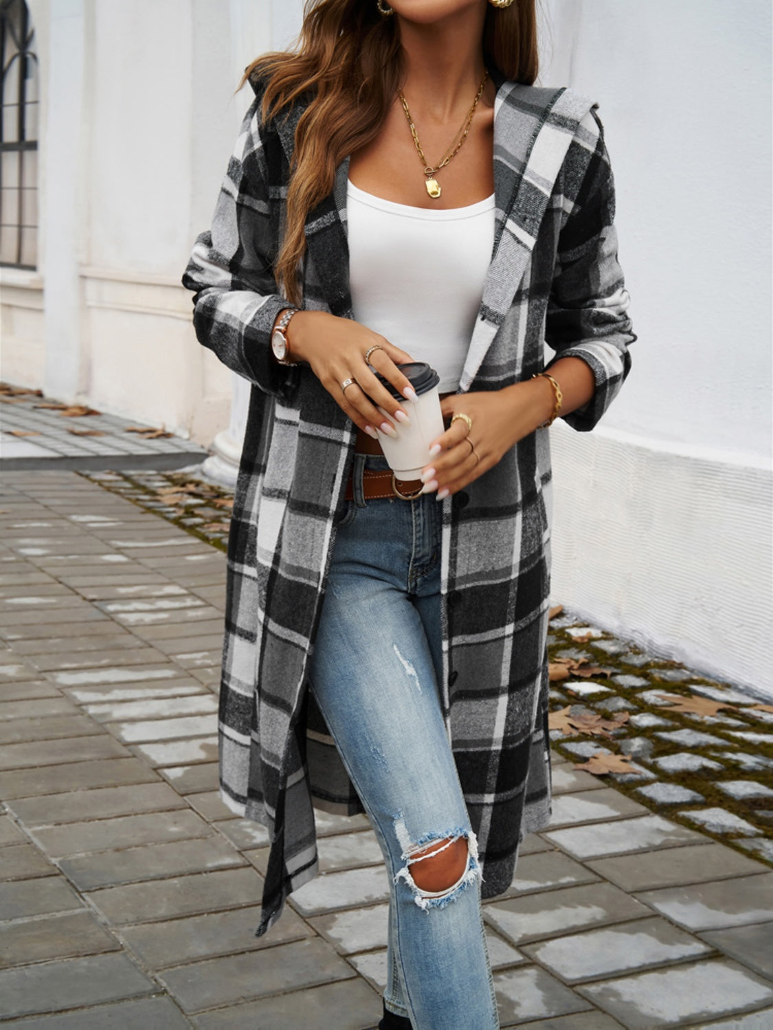 Plaid Long Sleeve Hooded Coat