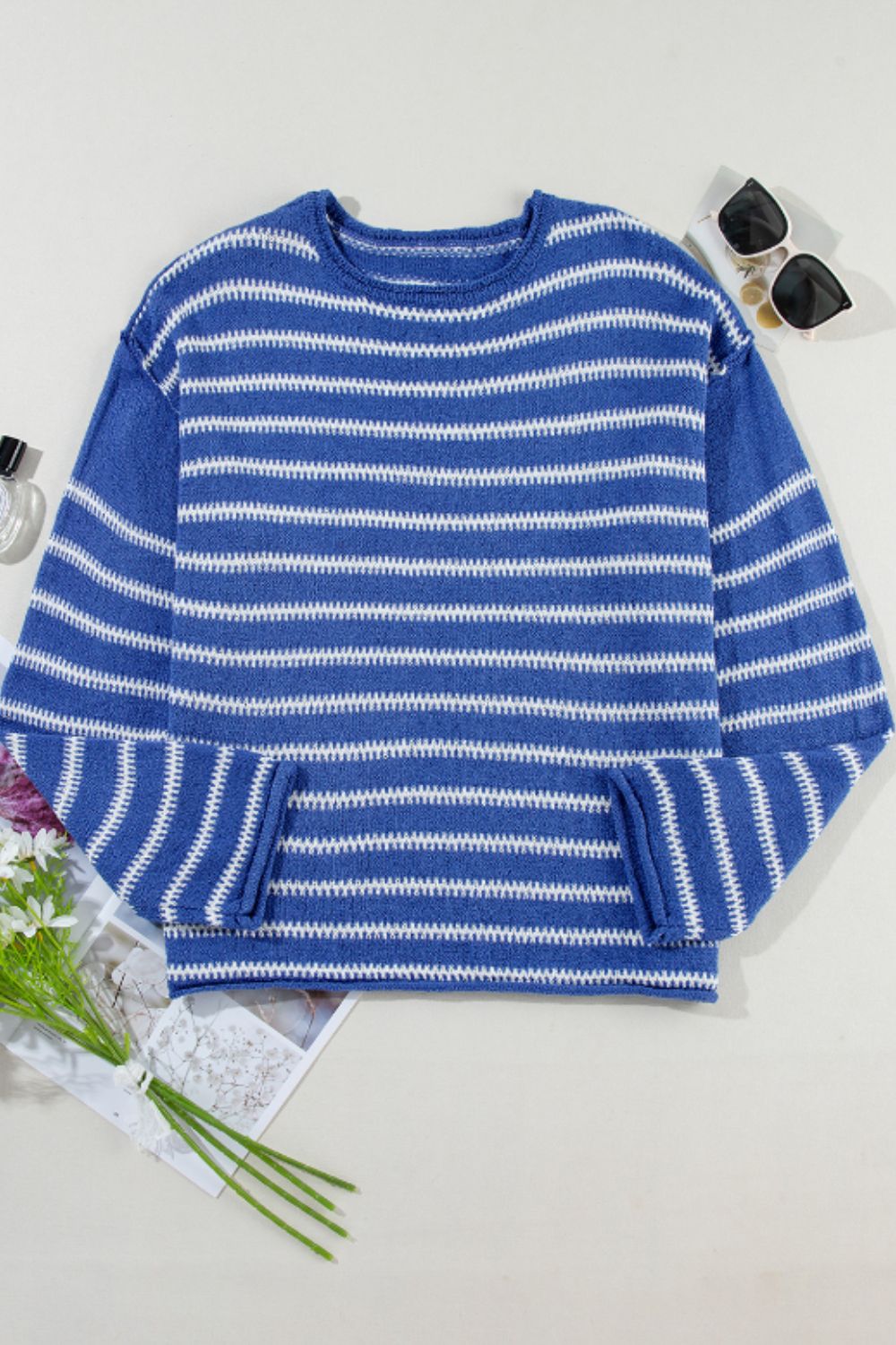 Striped Round Neck Dropped Shoulder Sweater