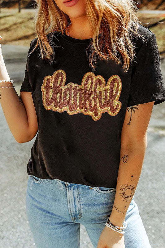 THANKFUL Sequin Round Neck Short Sleeve T-Shirt