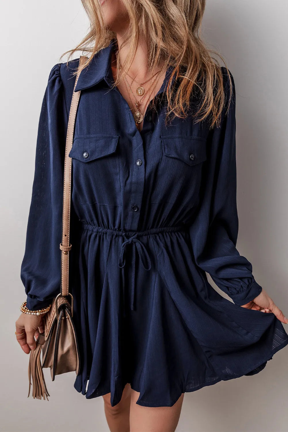 Drawstring Half Button Long Sleeve Dress