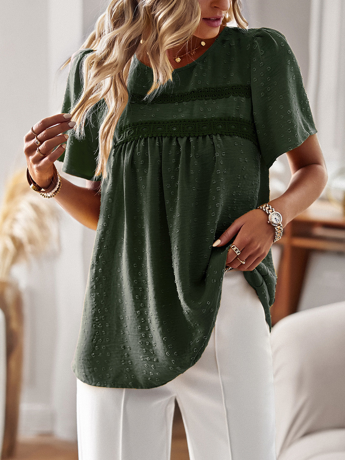 Lace Detail Round Neck Short Sleeve Blouse