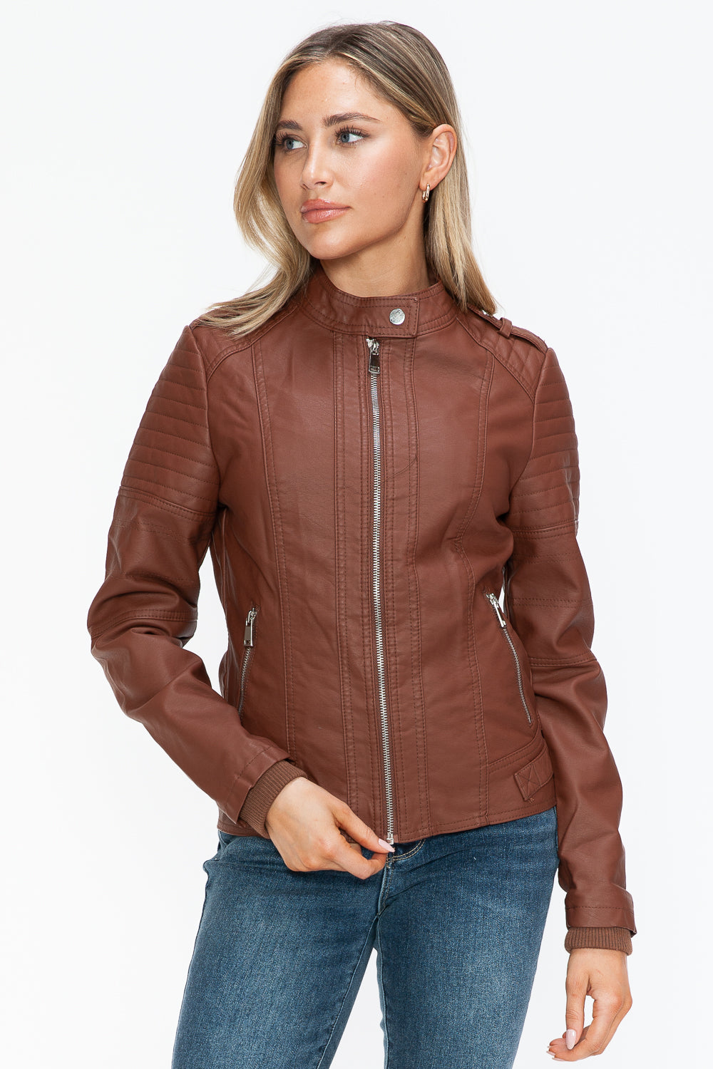 Snobbish PU Leather Biker Jacket with Side Zip Pockets