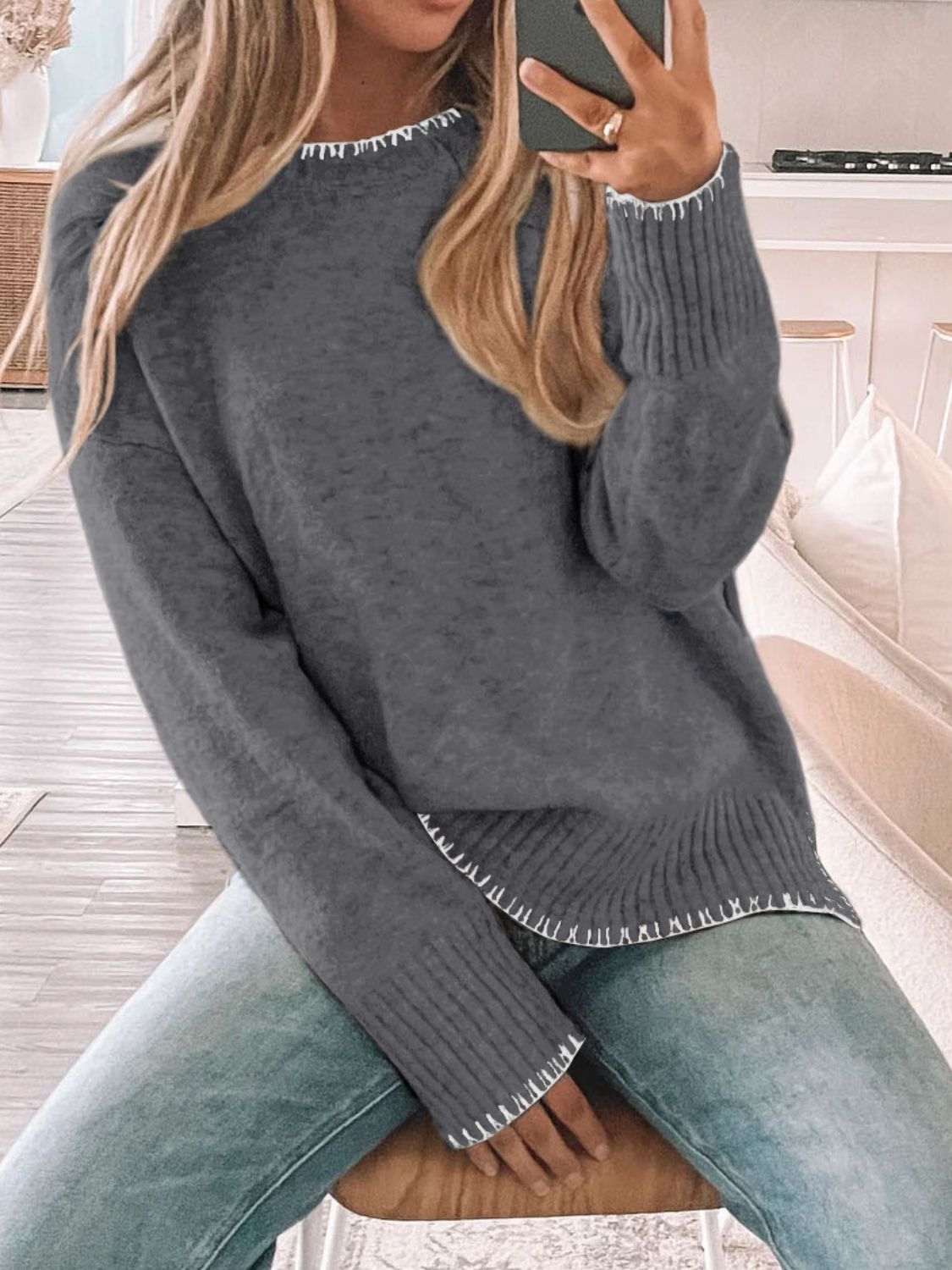 Perfee Round Neck Long Sleeve Sweater