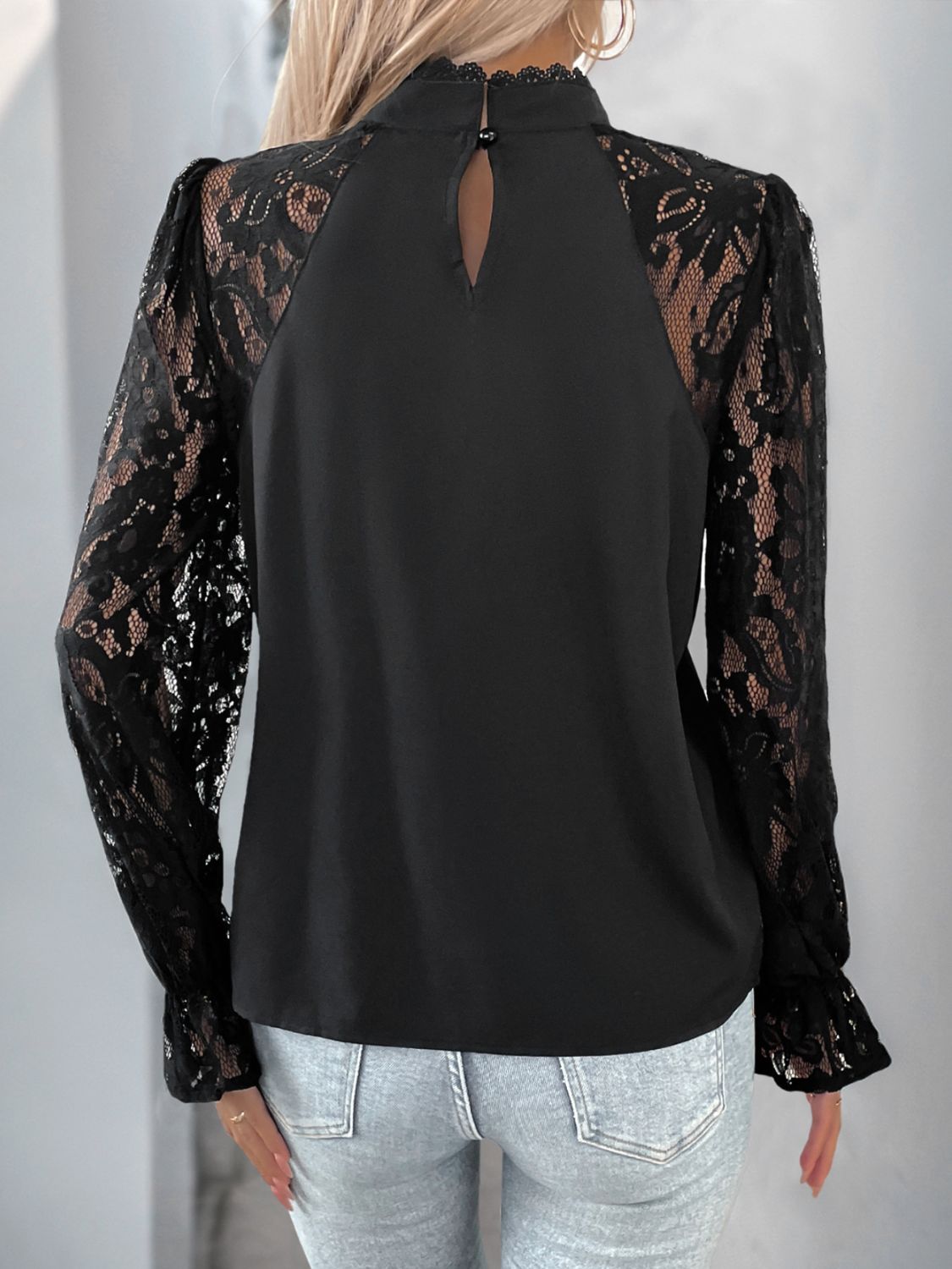 Perfee Mock Neck Lace Long Sleeve Blouse