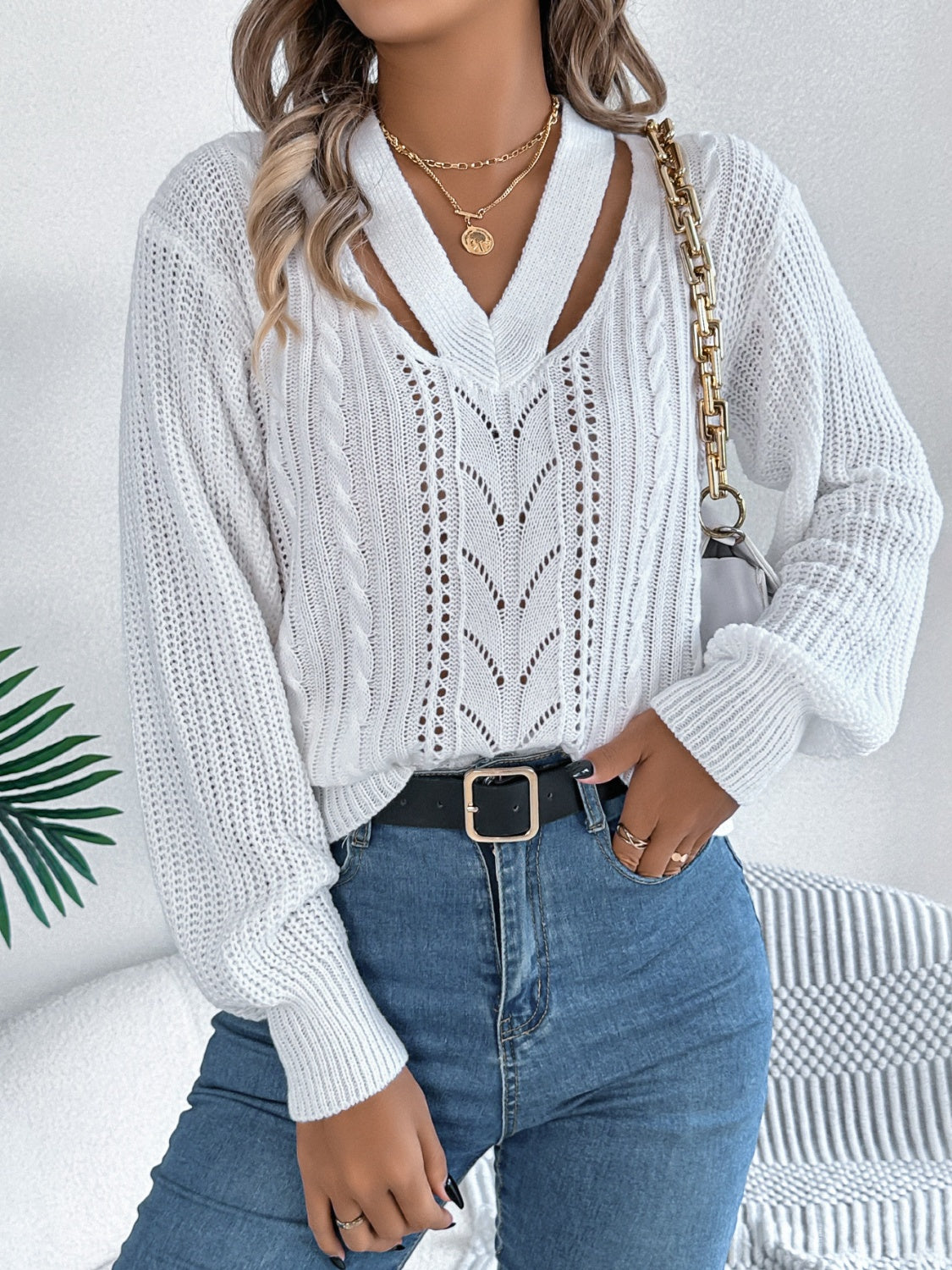 Cutout V-Neck Long Sleeve Sweater