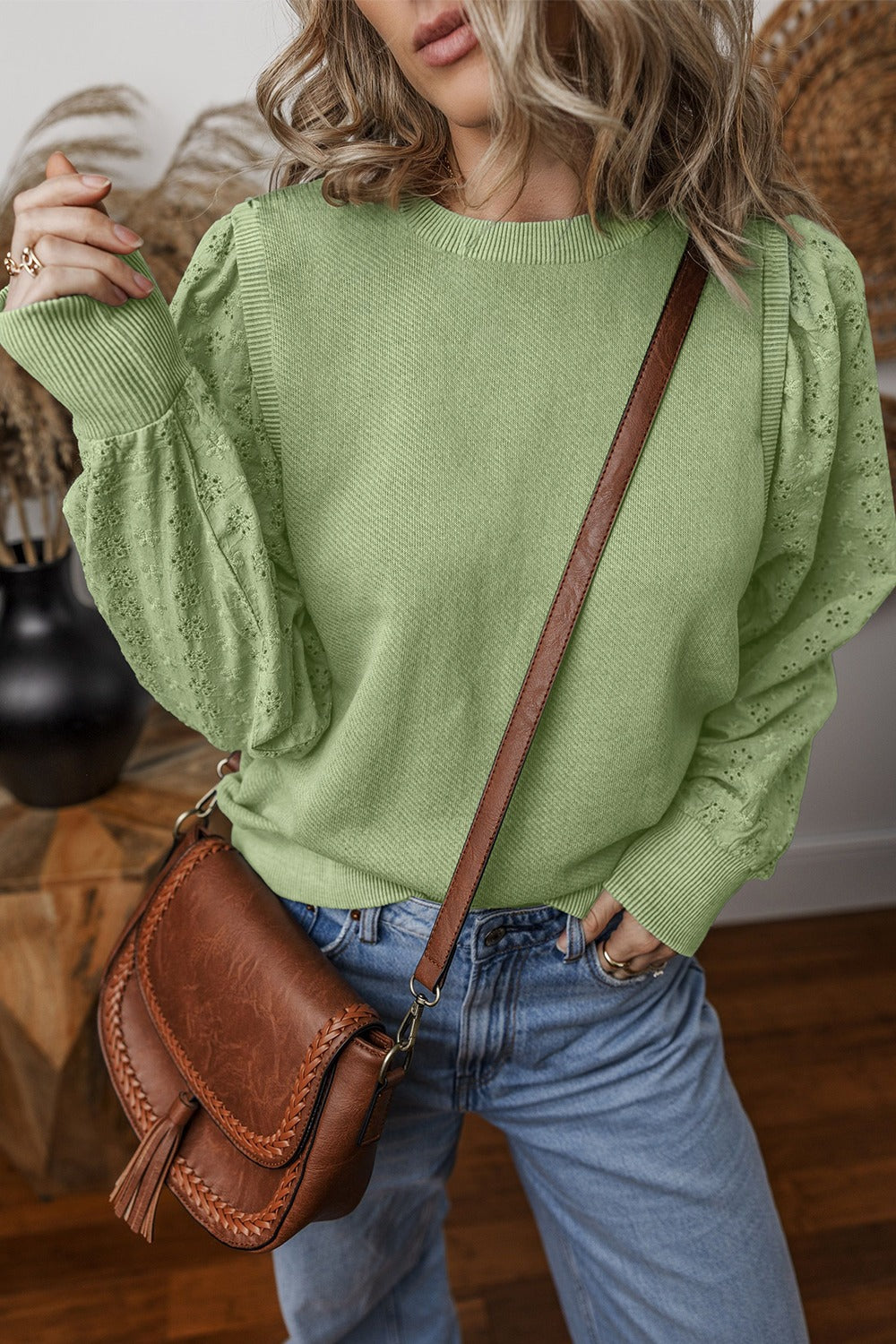 Eyelet Round Neck Long Sleeve Sweatshirt