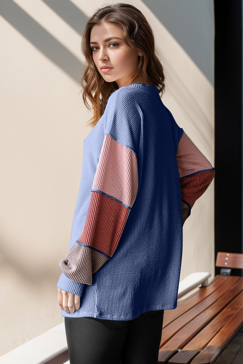 Double Take Full Size Color Block Round Neck Long Sleeve T-Shirt