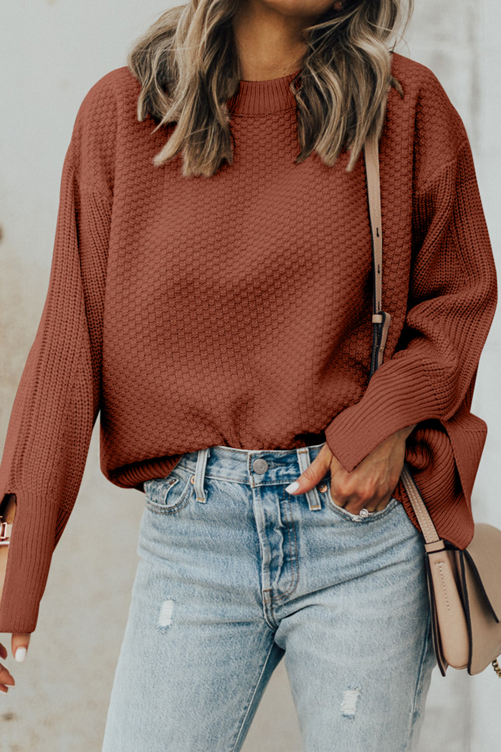 Textured Round Neck Long Sleeve Sweater