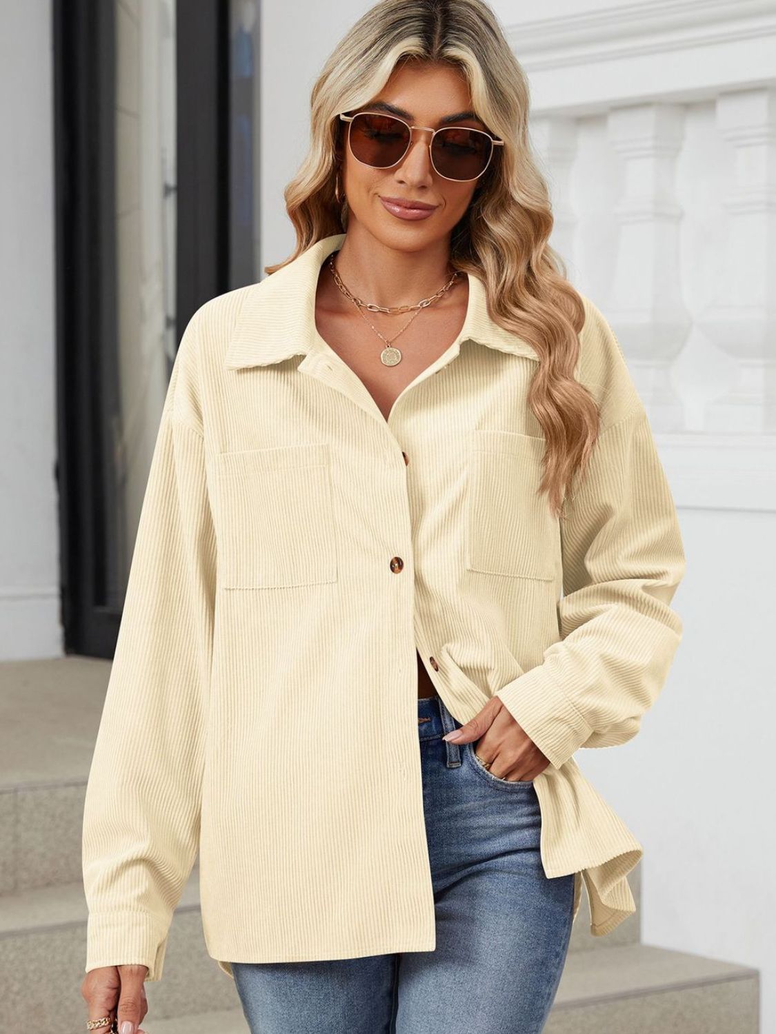 Button Up Dropped Shoulder Long Sleeve Outerwear