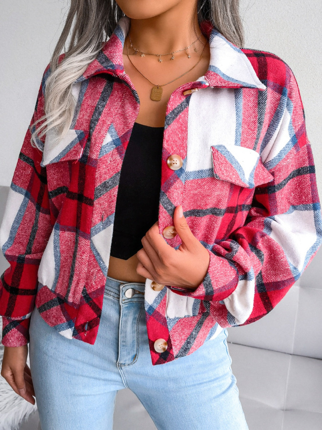 Plaid Collared Neck Long Sleeve Jacket