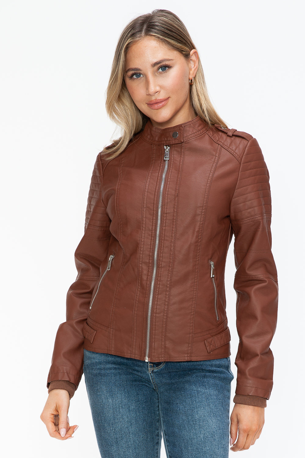 Snobbish PU Leather Biker Jacket with Side Zip Pockets