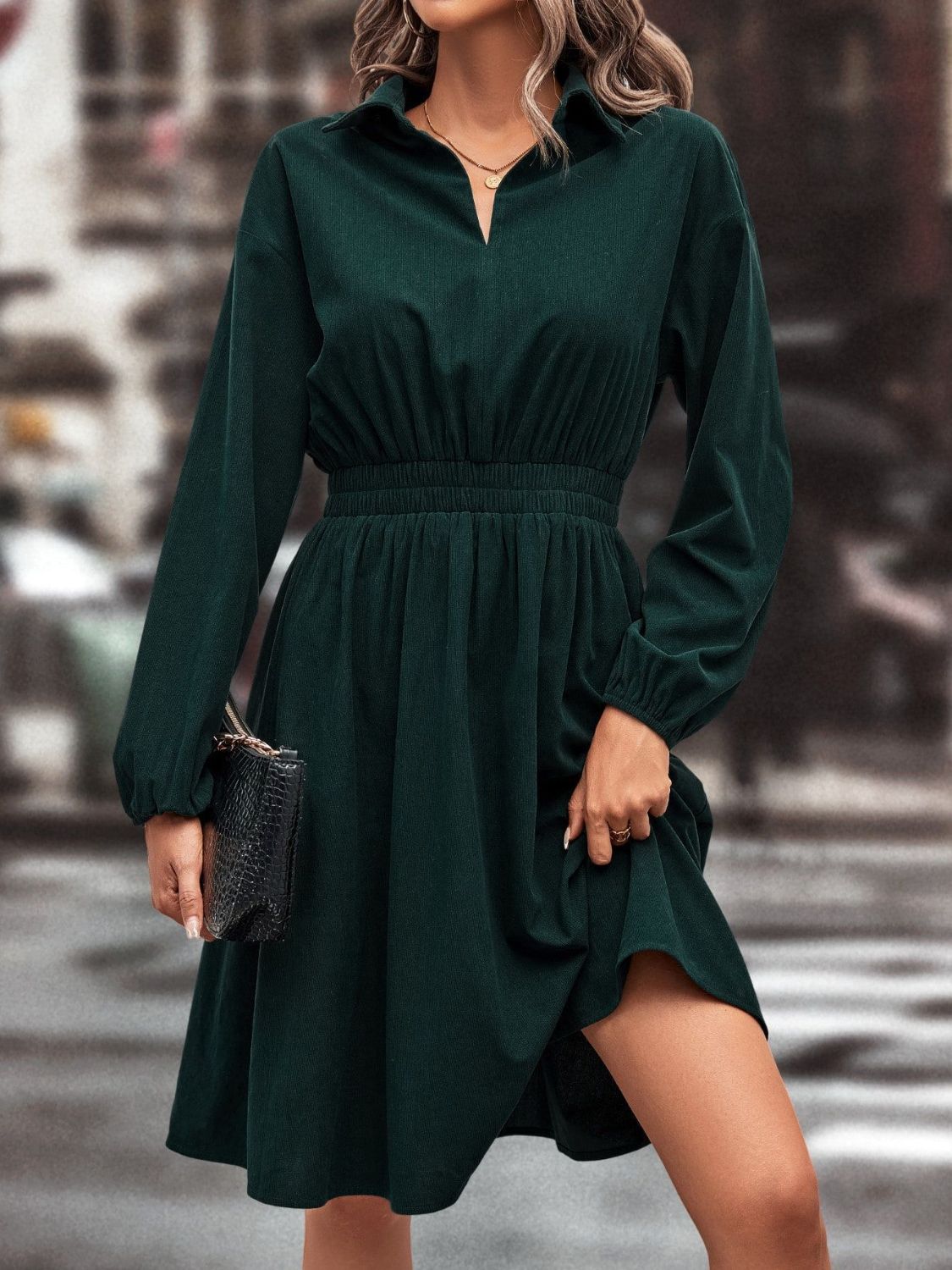 Smocked Johnny Collar Long Sleeve Dress