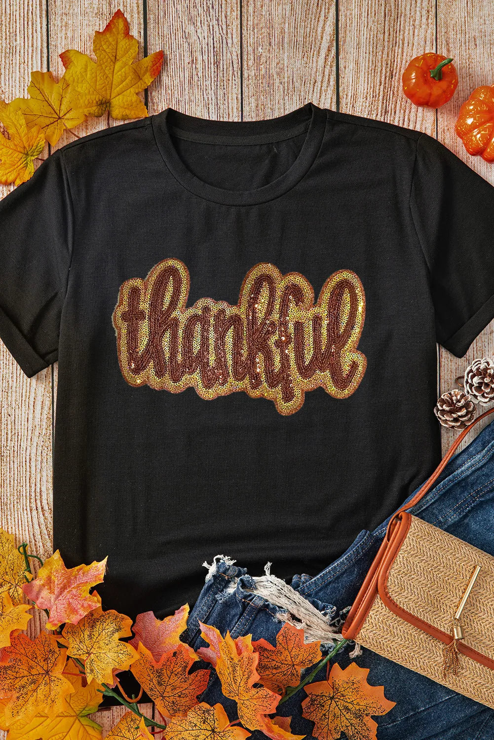 THANKFUL Sequin Round Neck Short Sleeve T-Shirt