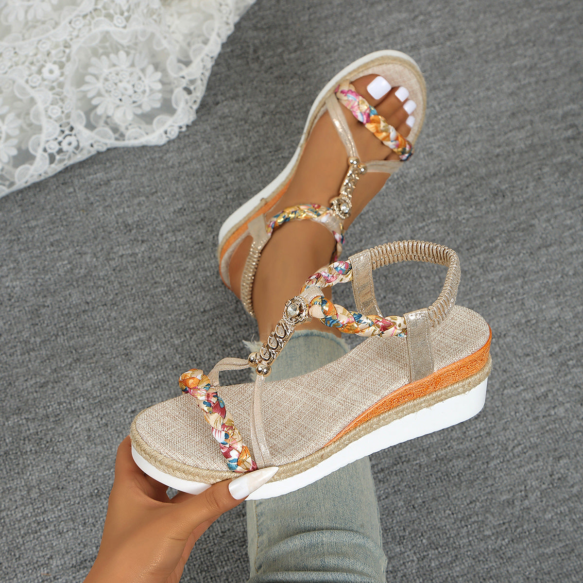 Contrast Woven Wedge Sandals