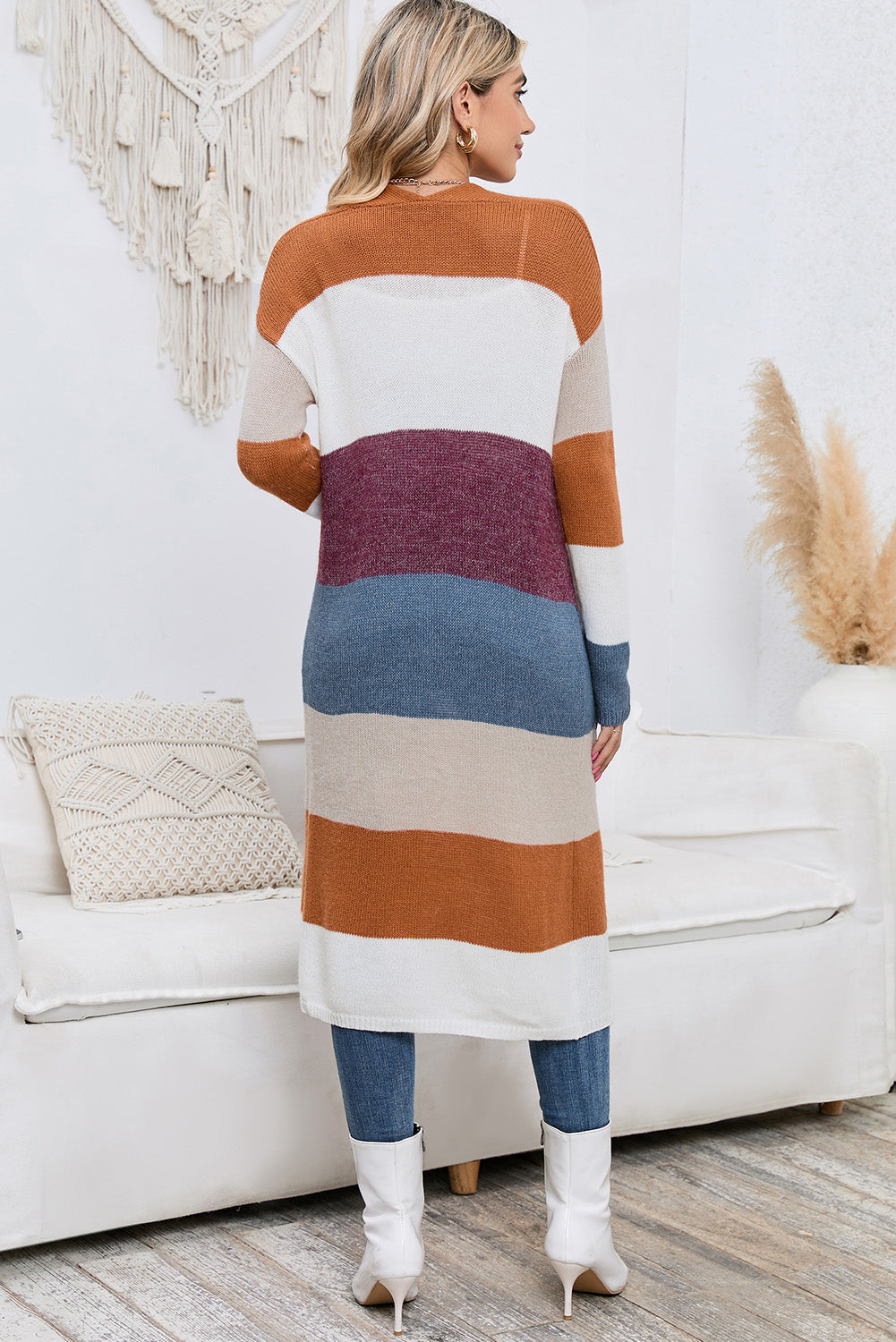 Long Color Block Open Front Pocketed Cardigan