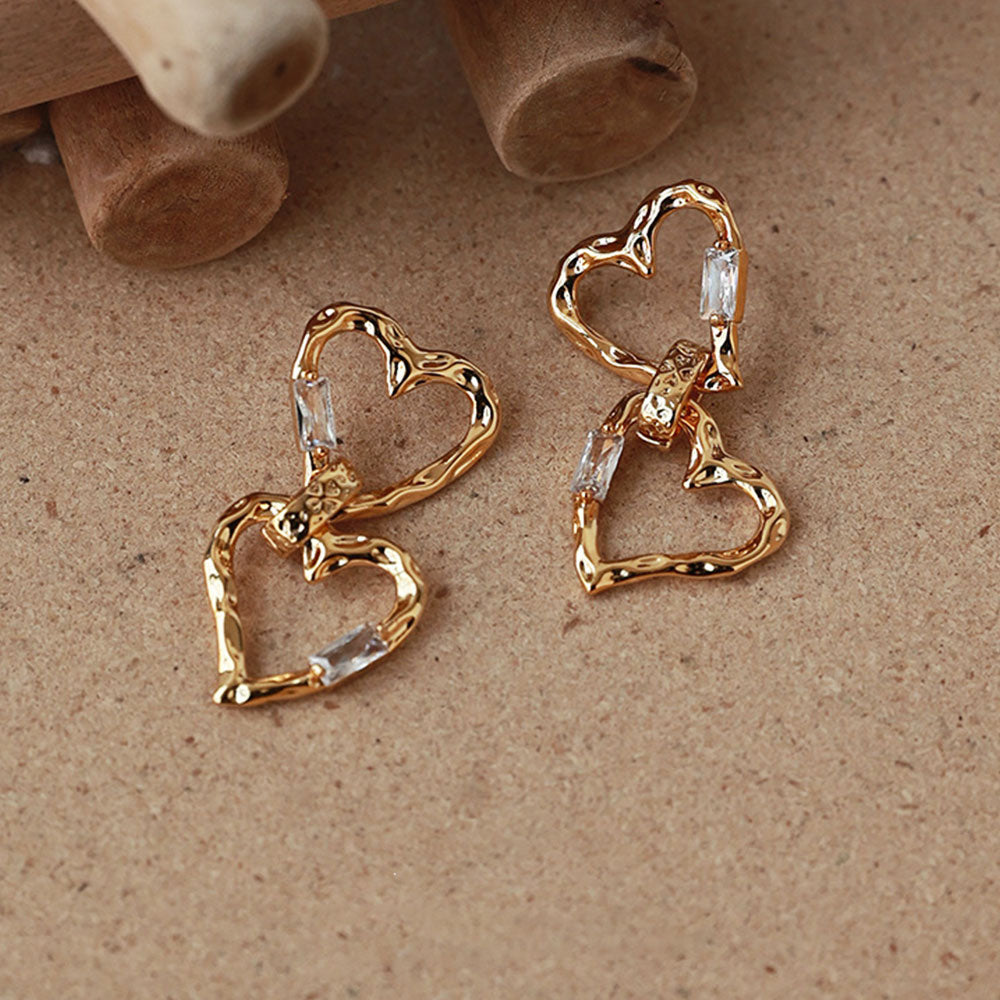 Cubic Zirconia Double Heart Dropped Earrings