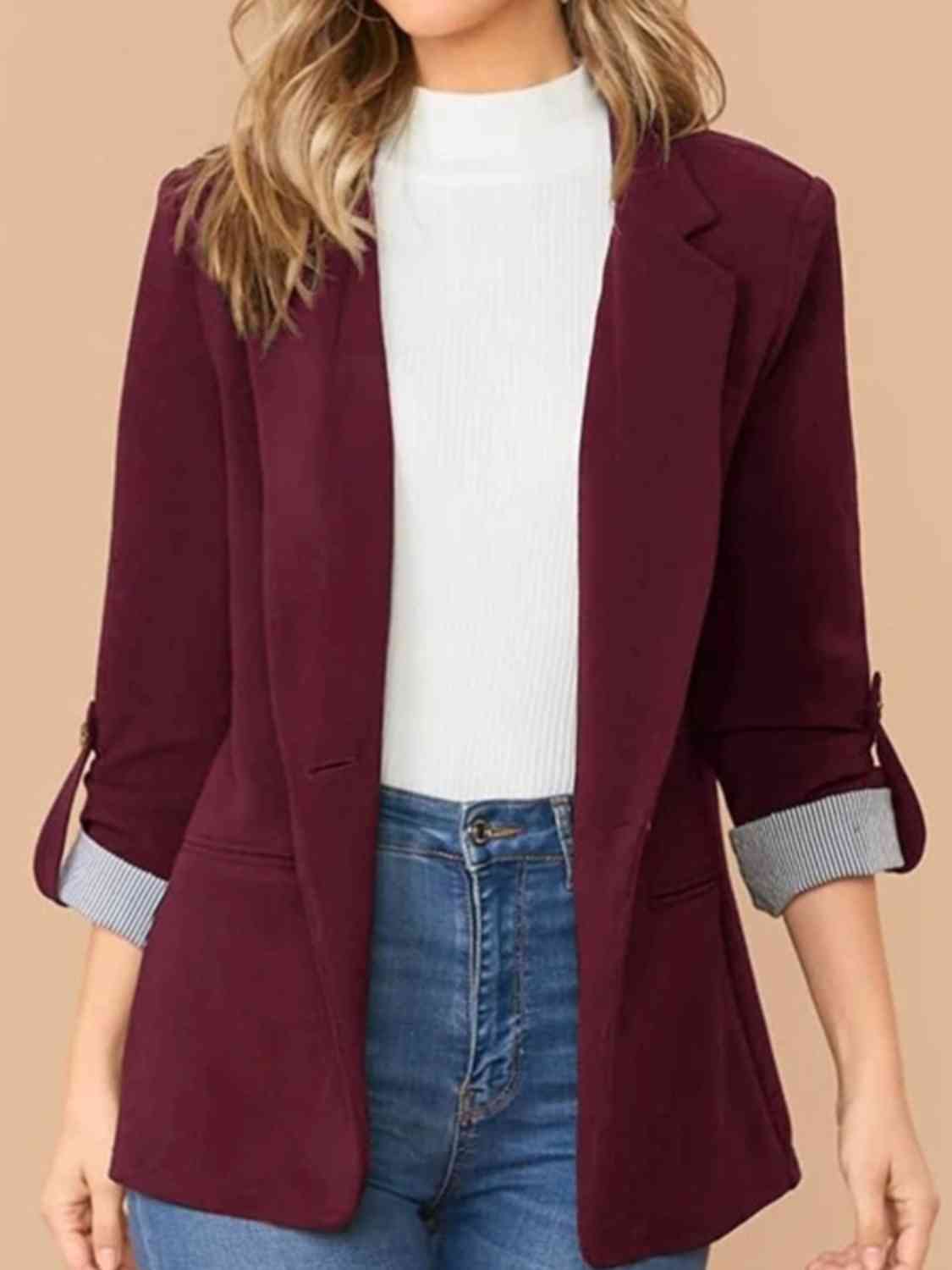 Lapel Collar Roll-Tab Sleeve Blazer