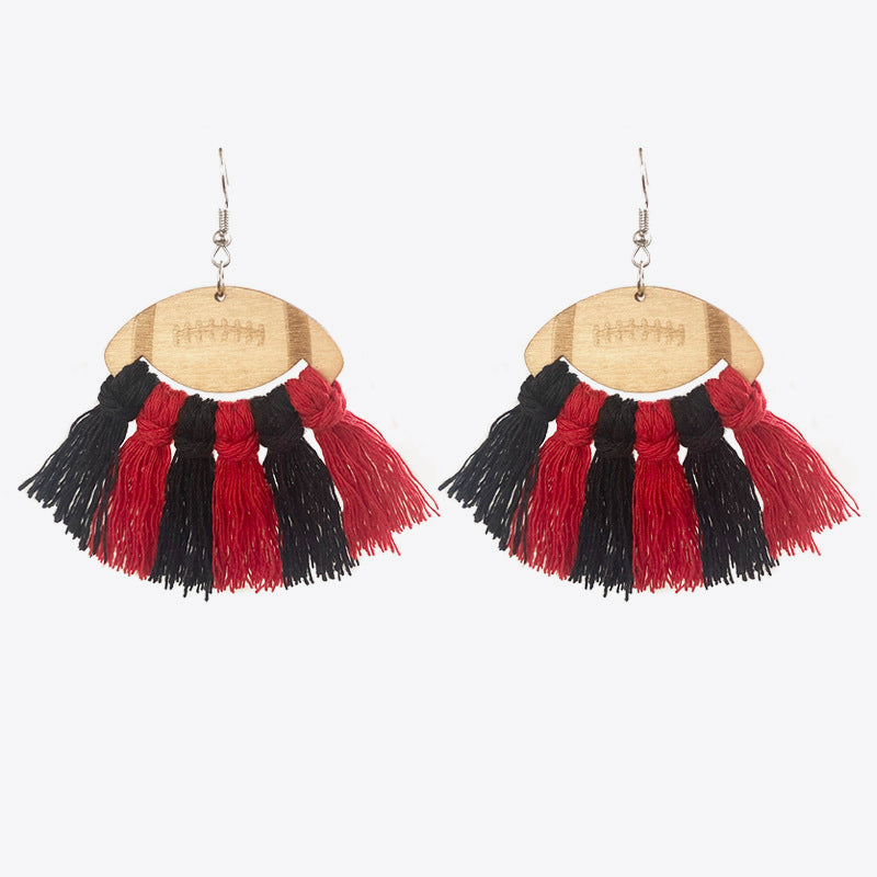 Fringe Detail Football Shape Wooden Dangle Earrings