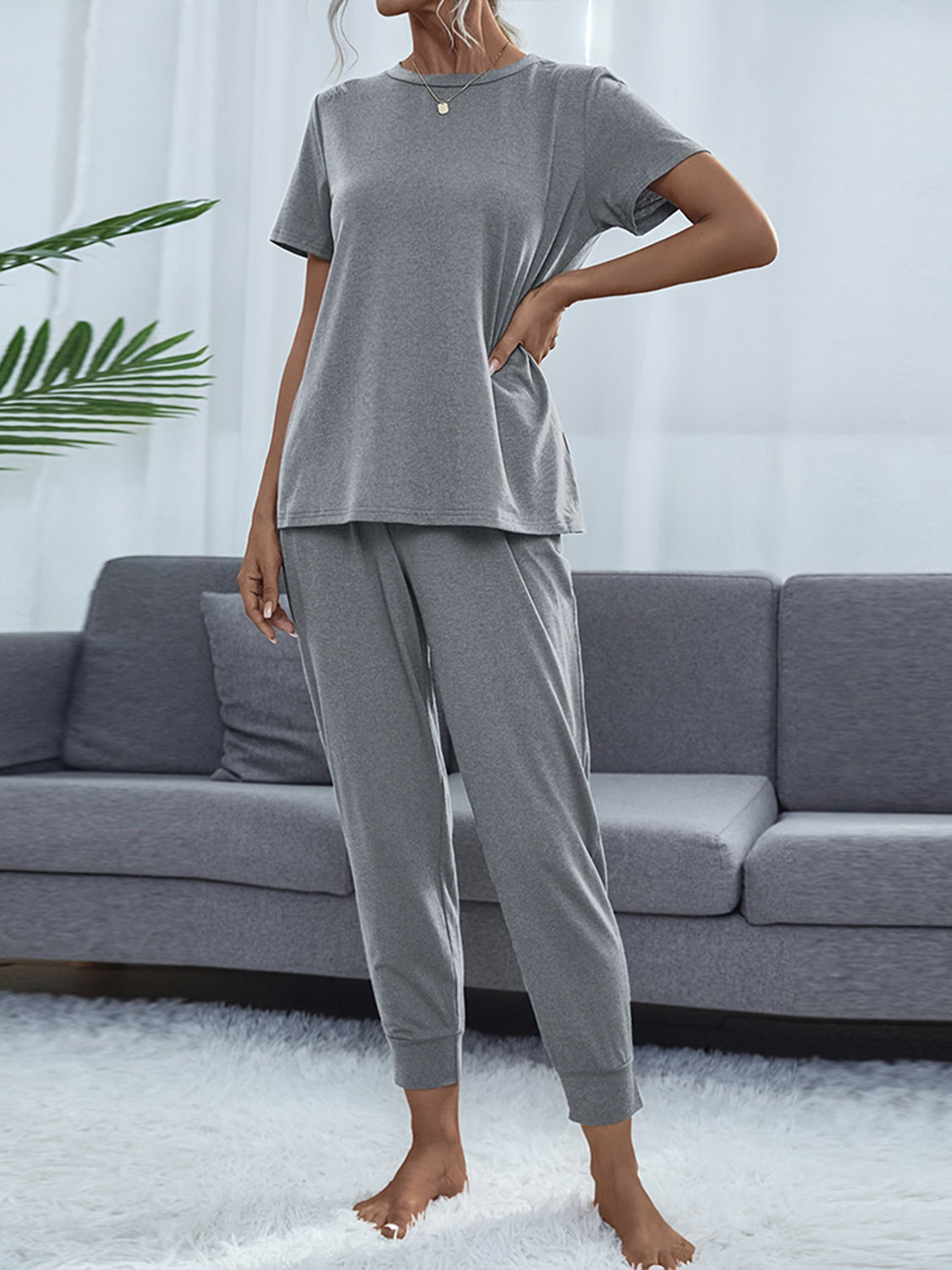 Round Neck Short Sleeve Top and Pants Set