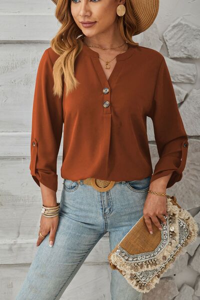 Decorative Button Notched Long Sleeve Blouse