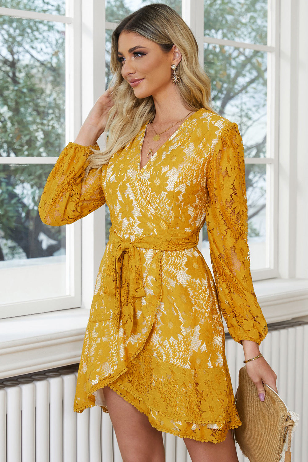 Pompom Trim Puff Sleeve Belted Lace Dress