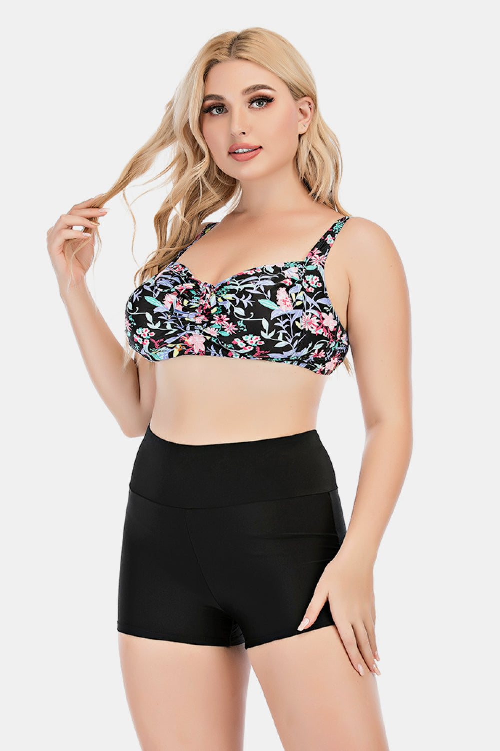 Plus Size Floral Ruched Two-Piece Swim Set