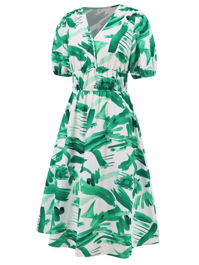 Ruched Printed Surplice Short Sleeve Dress